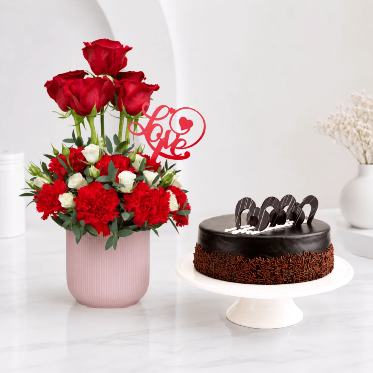 Chocolate Truffle Cake and Romantic Red Love Bouquet Combo for luxury gifting