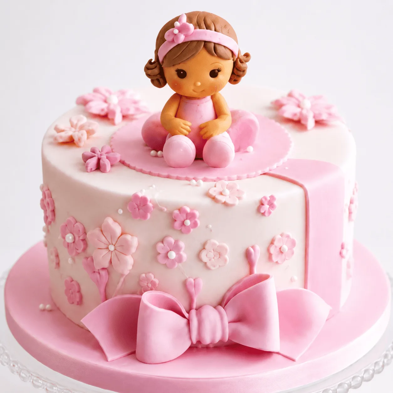 Close-up of white and pink fondant cake with baby girl figurine, flowers, and bow.