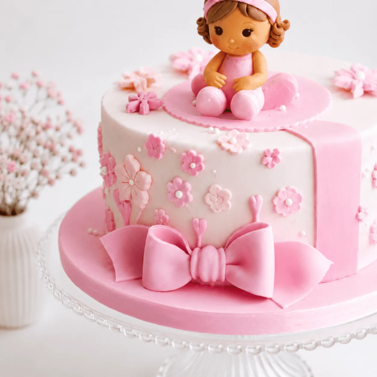 Detailed view of fondant baby girl figurine on pink and white floral cake with bow.
