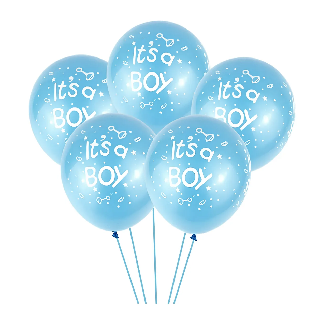 "A bunch of five blue balloons printed with 'It's a Boy' in white text, tied together with blue ribbon strings, against a white background."