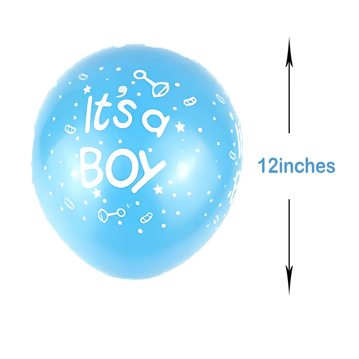 "A blue 'It's a Boy' balloon with a size chart showing a 12-inch measurement arrow beside it."