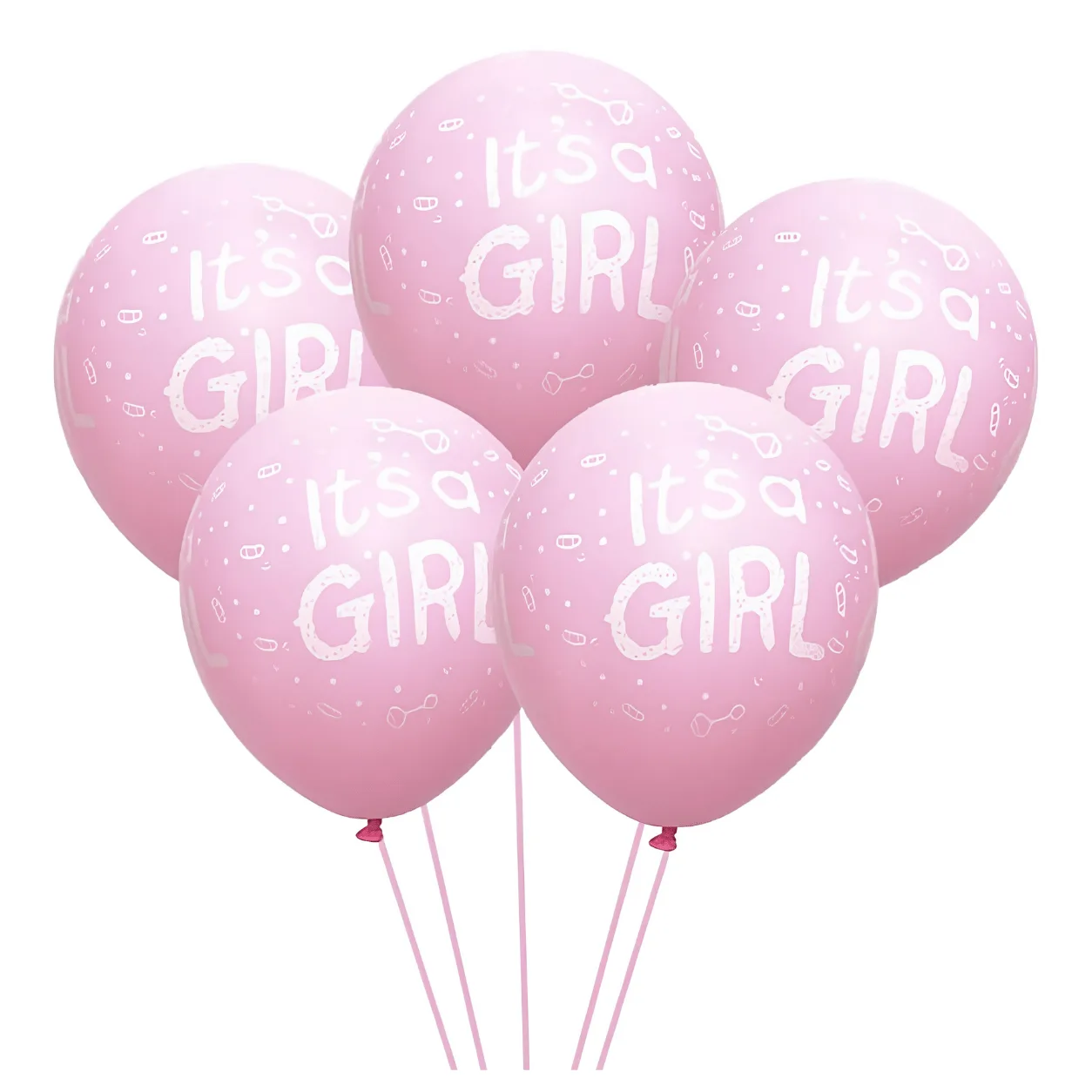"A bunch of five pink balloons printed with 'It's a Girl' in white text, tied together with pink ribbon strings, against a white background."