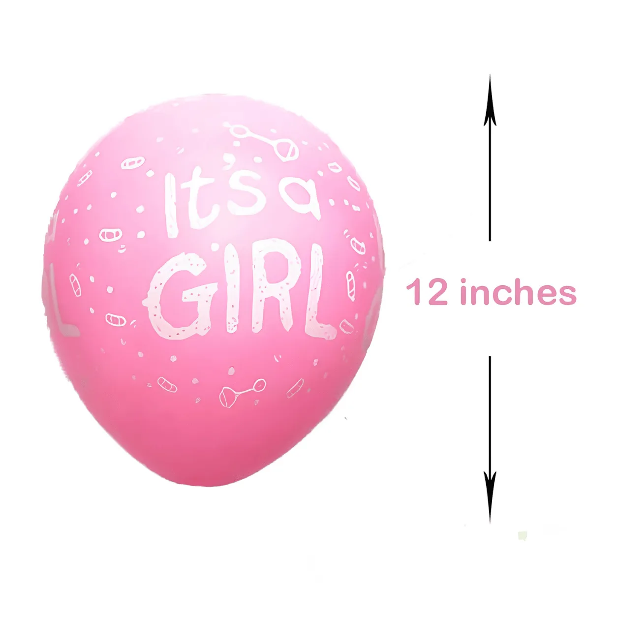 "A pink 'It's a Girl' balloon with a size chart showing a 12-inch measurement arrow beside it."