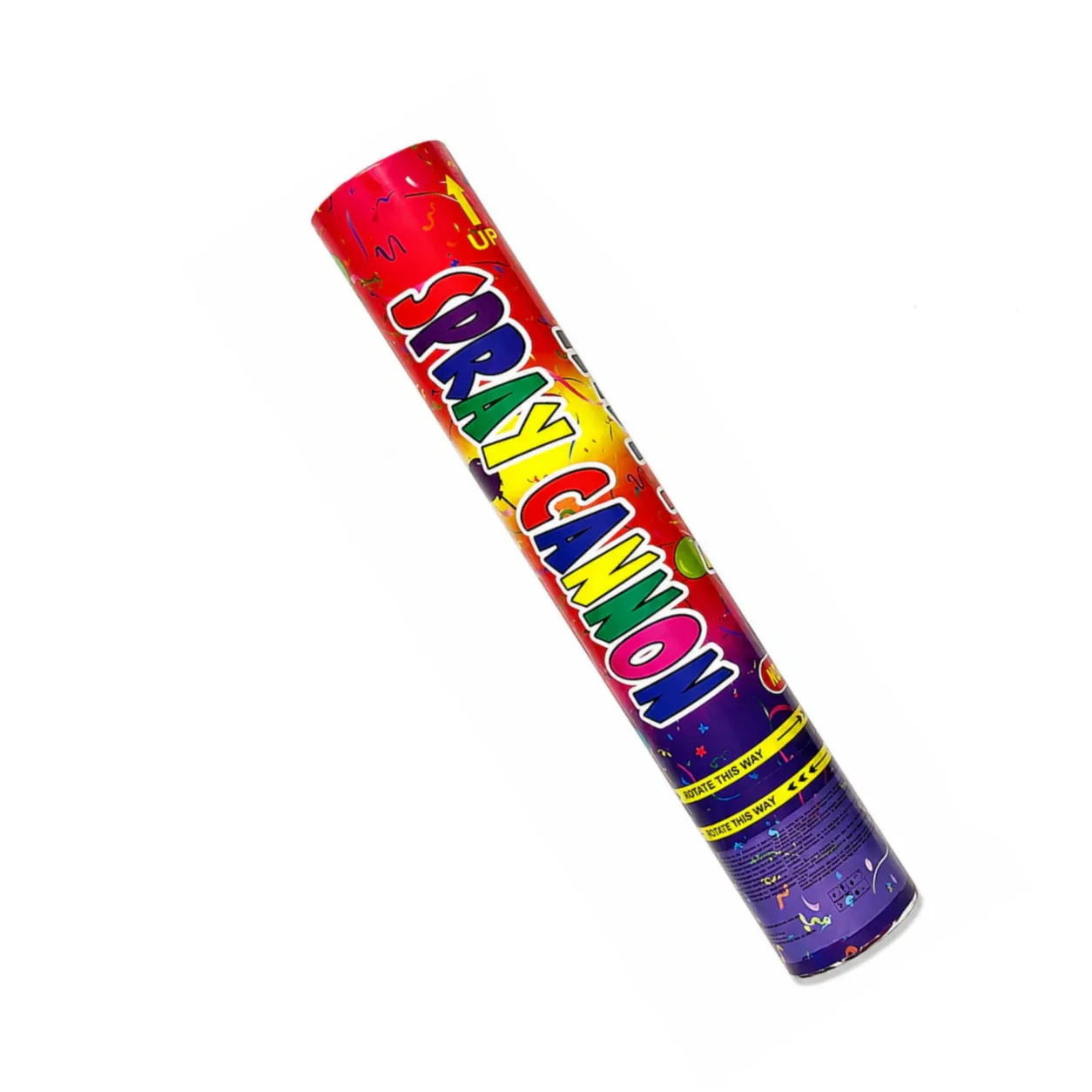 "A single confetti spray cannon in colorful red, yellow, and purple packaging, shown at a diagonal angle against a white background."