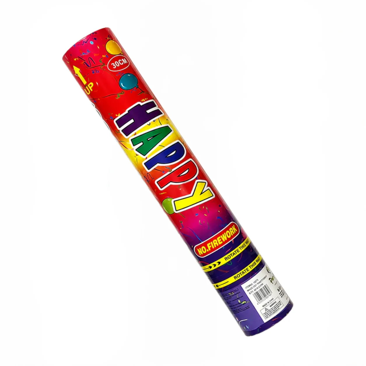 "A single 30cm 'Happy' confetti spray cannon in colorful red, yellow, and purple packaging, shown at a diagonal angle against a white background."