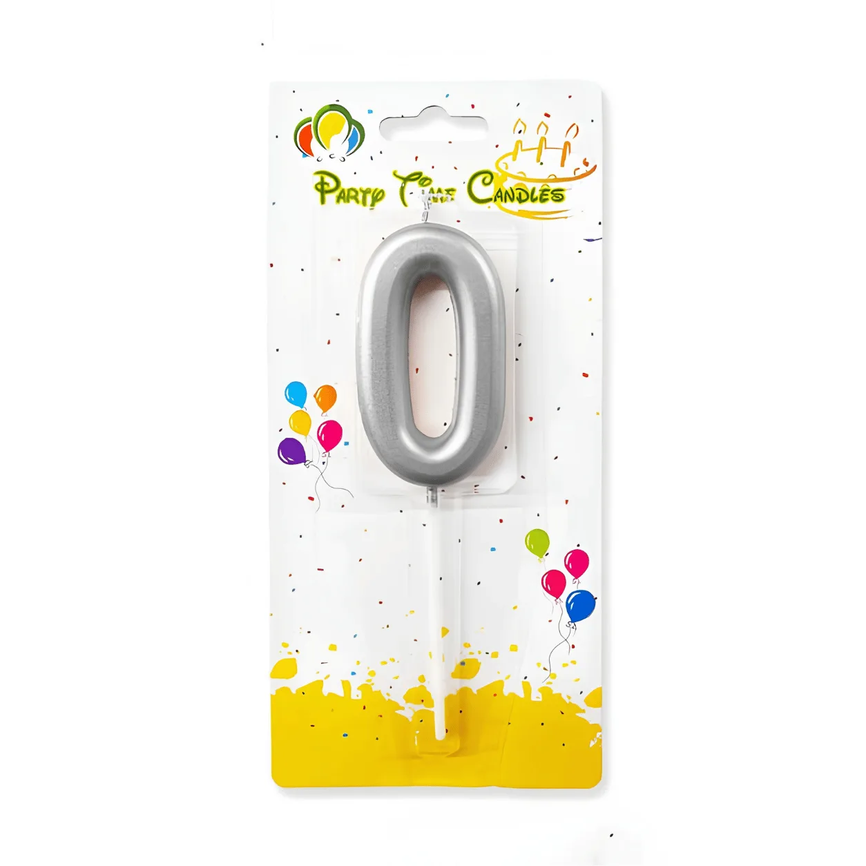"A silver number '0' birthday candle by Party Time Candles, packaged on a colorful card decorated with balloons and confetti."