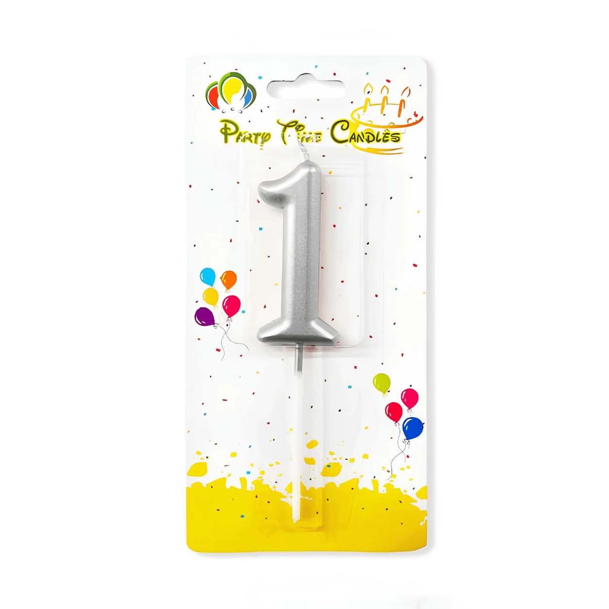 "A silver number '1' birthday candle by Party Time Candles, packaged on a colorful card decorated with balloons and confetti."