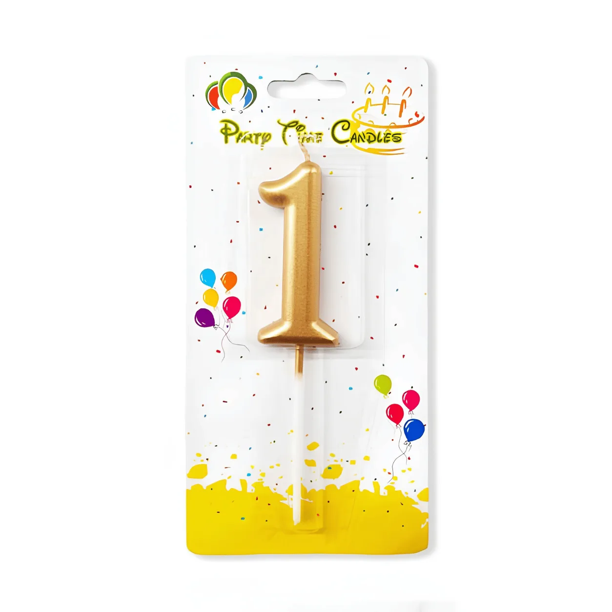"A gold number '1' birthday candle by Party Time Candles, packaged on a colorful card decorated with balloons and confetti."