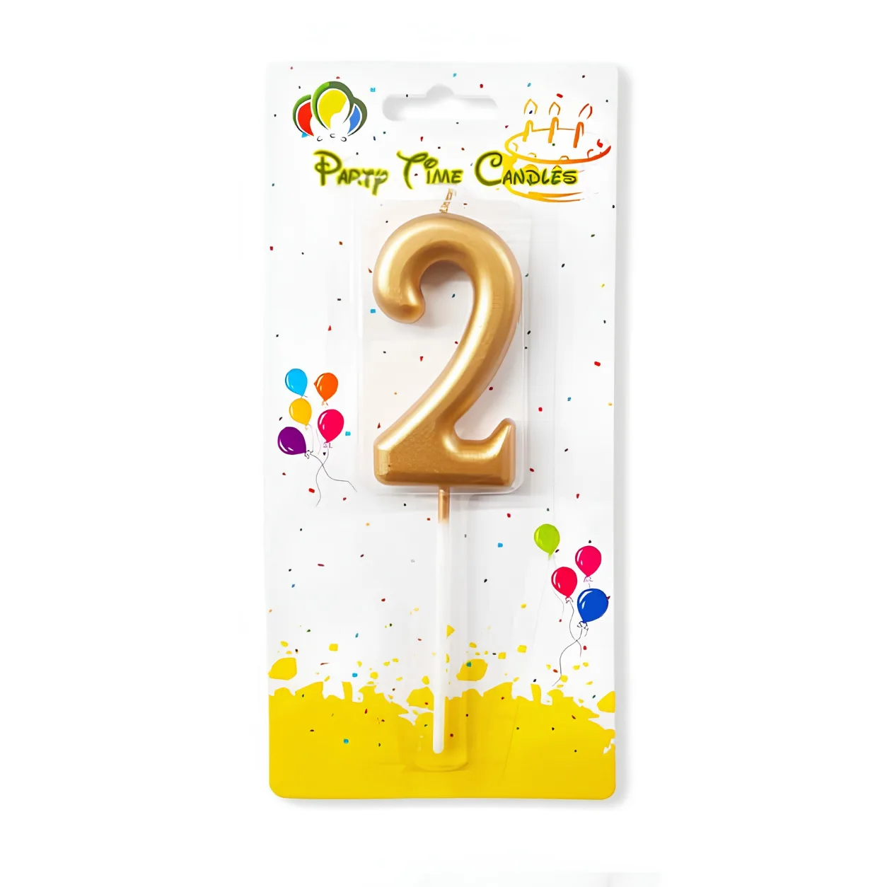 "A gold number '2' birthday candle by Party Time Candles, packaged on a colorful card decorated with balloons and confetti."