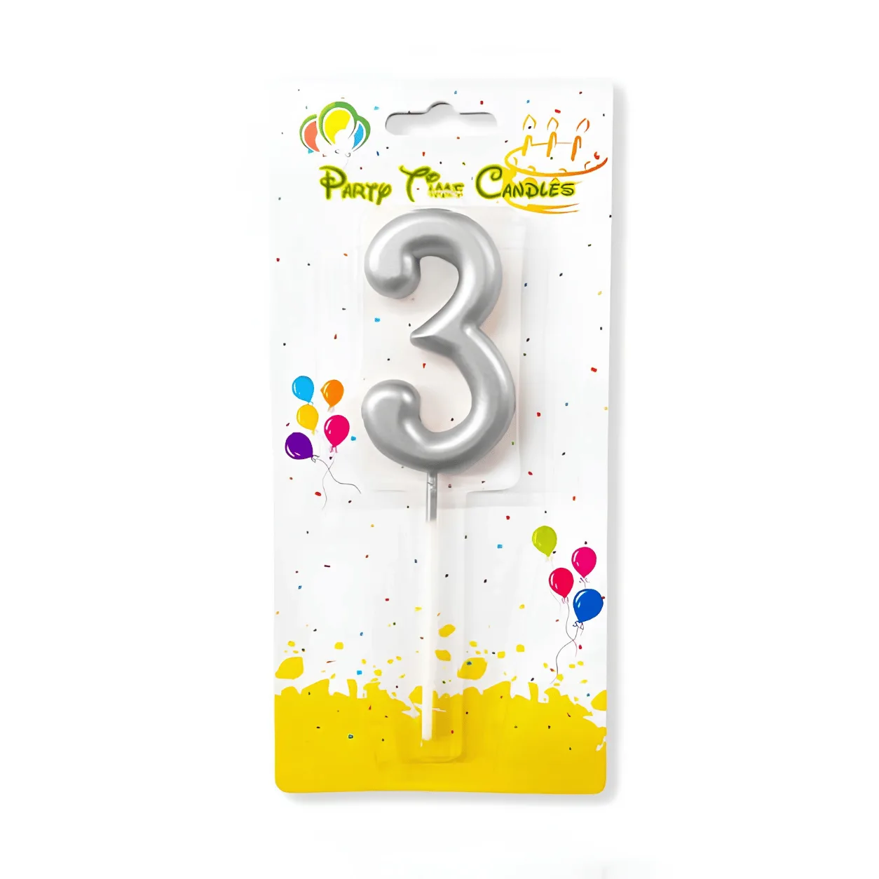"Party Time Candles number 3 birthday candle in metallic silver, mounted on a white stick, in blister packaging with a colorful balloon design."