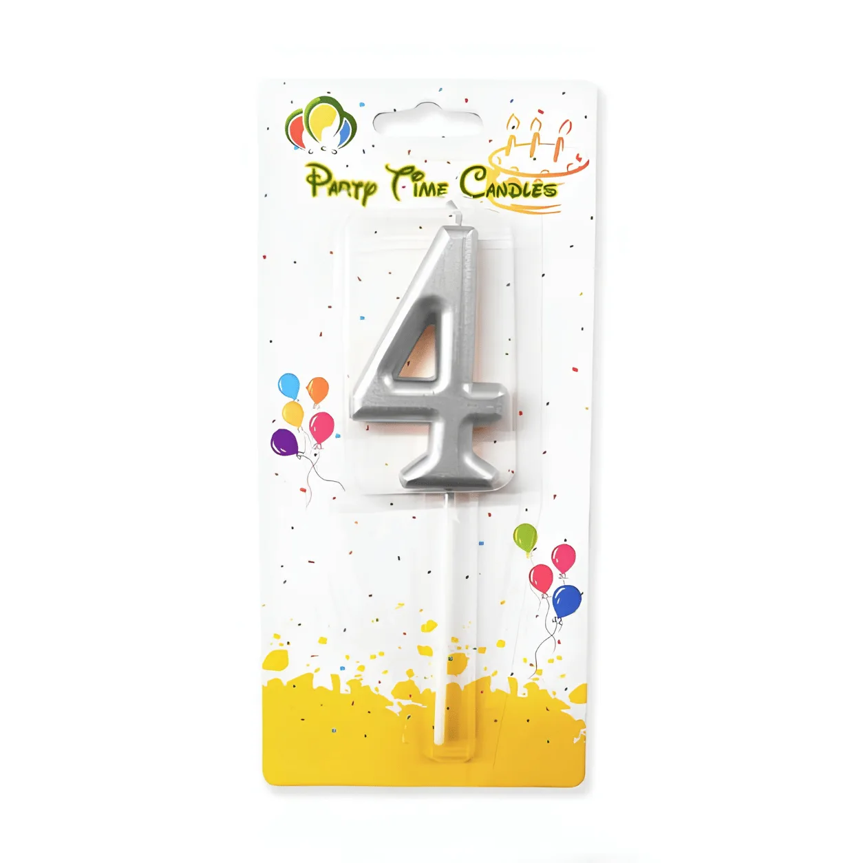 "Party Time Candles number 4 birthday candle in metallic silver, mounted on a white stick, in blister packaging with a colorful balloon design."
