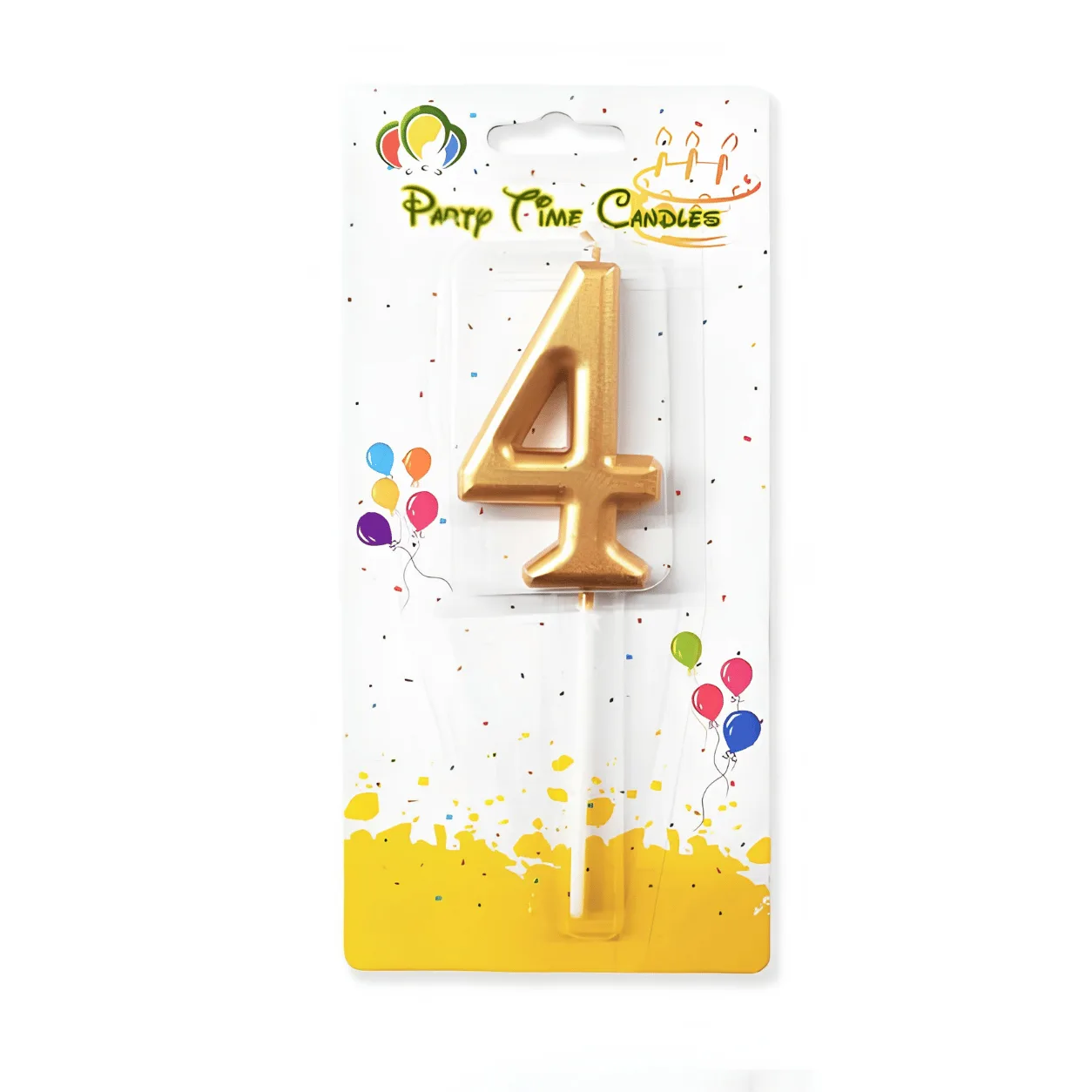 "Party Time Candles number 4 birthday candle in metallic gold, mounted on a white stick, in blister packaging with a colorful balloon design."