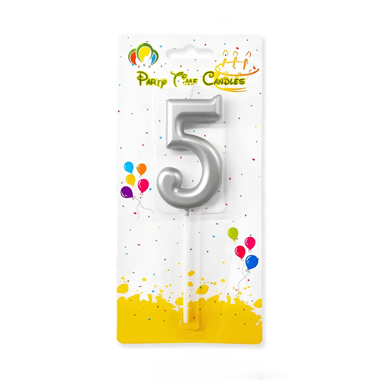 "Party Time Candles number 5 birthday candle in metallic silver, mounted on a white stick, in blister packaging with a colorful balloon design."
