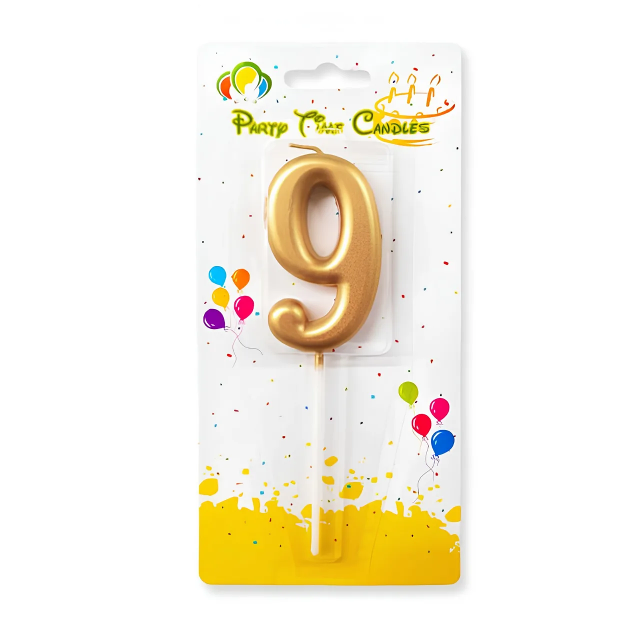 "Party Time Candles number 9 birthday candle in metallic gold, mounted on a white stick, in blister packaging with a colorful balloon design."