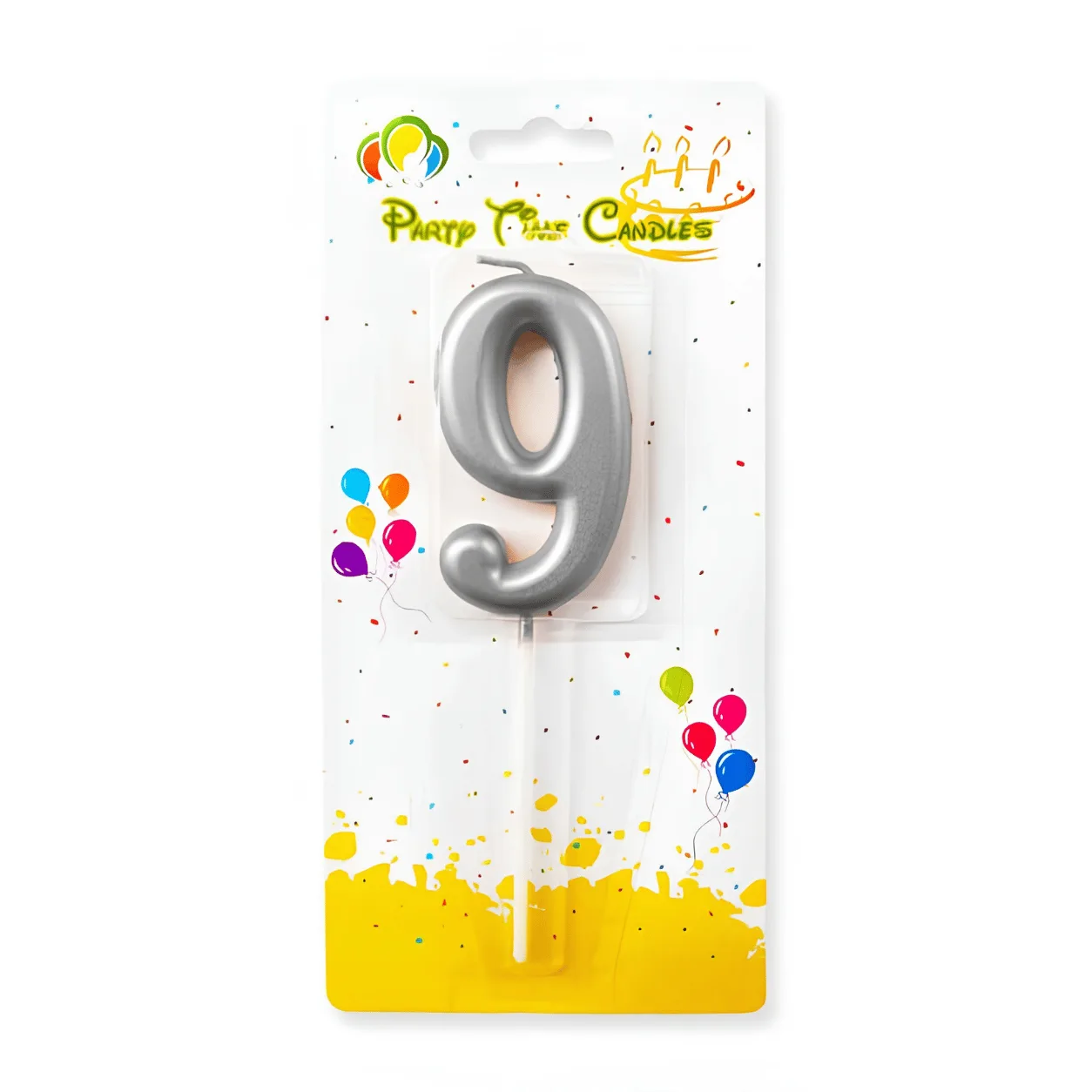 "Party Time Candles number 9 birthday candle in metallic silver, mounted on a white stick, in blister packaging with a colorful balloon design."