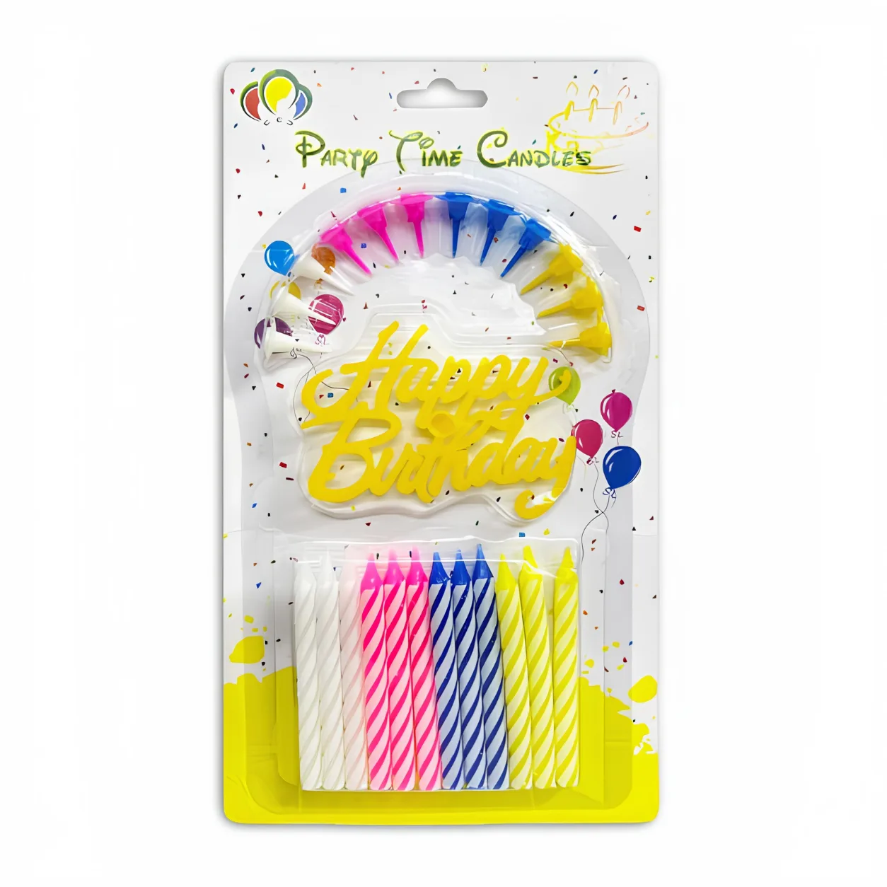 "Party Time Candles birthday set in blister packaging, including a yellow 'Happy Birthday' cake topper, colorful spiral birthday candles in pink, blue, yellow, and white, and matching candle holders."