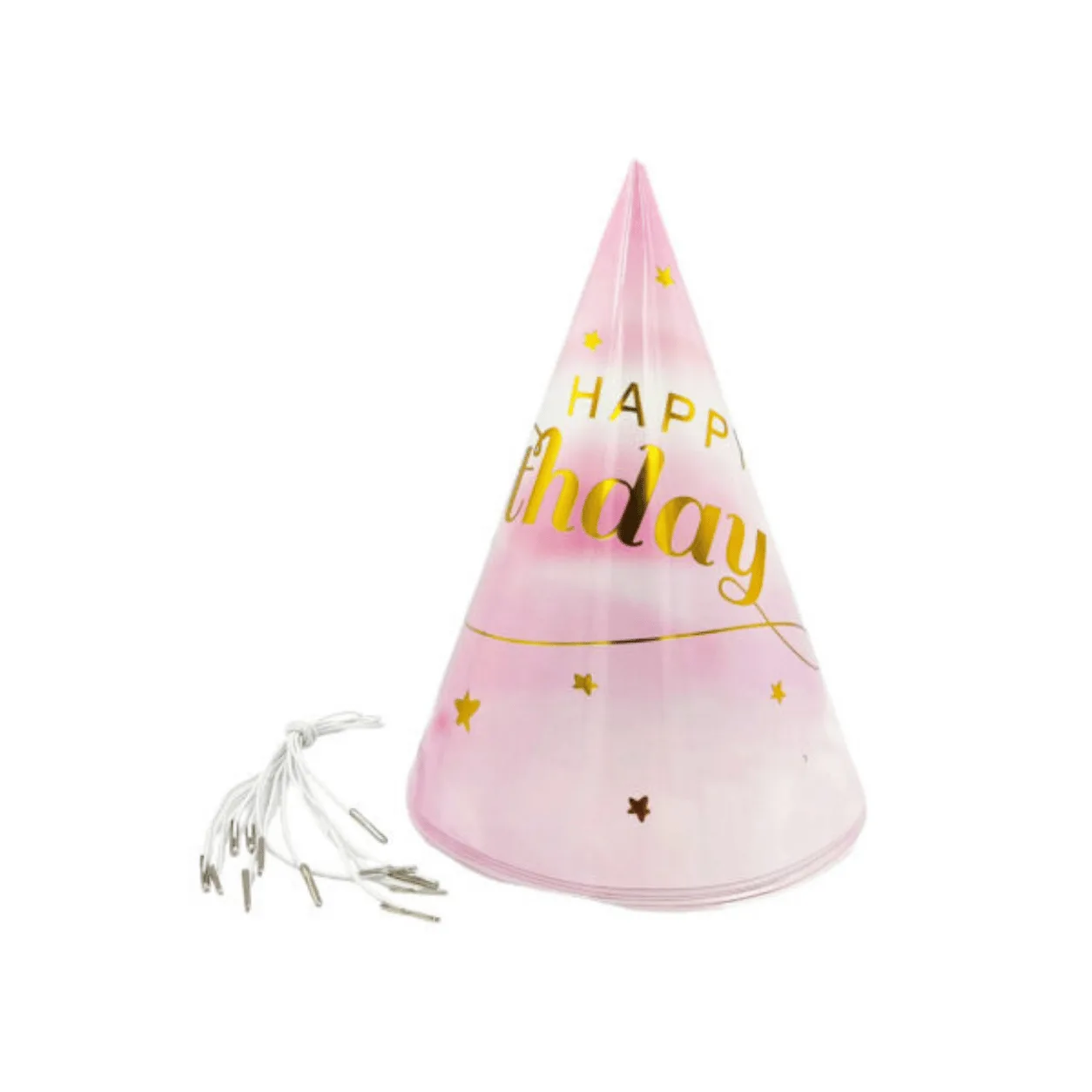"Pink and white ombré birthday party hat with gold star foil accents and 'Happy Birthday' text in gold lettering, with a white elastic chin strap."