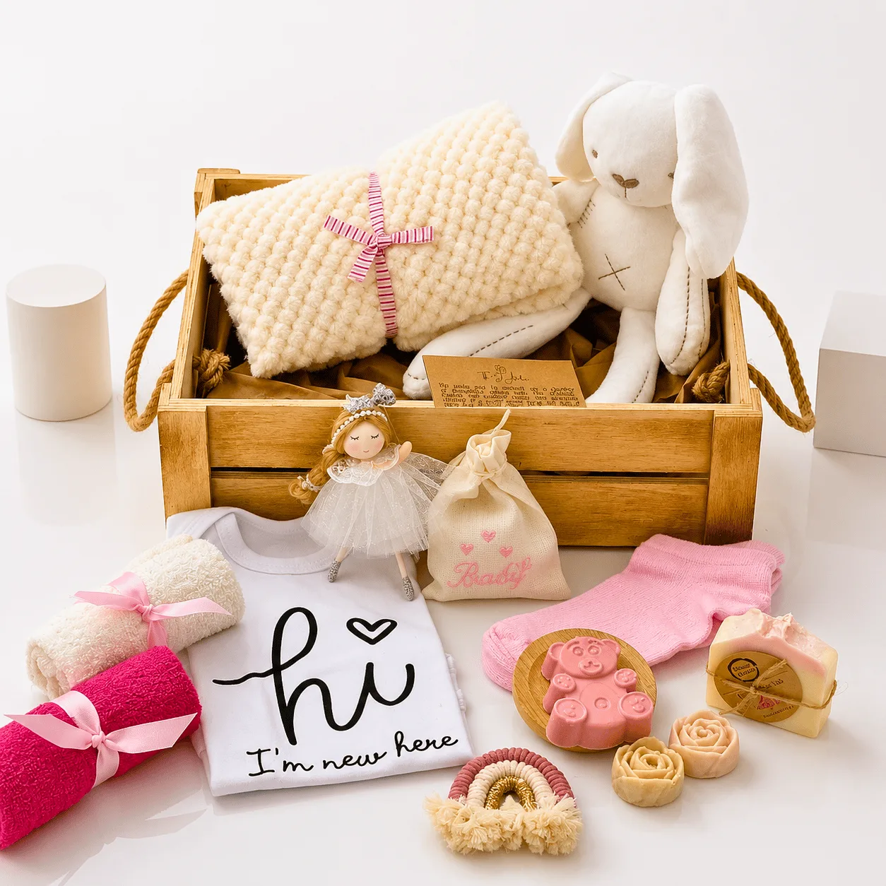 Newborn baby girl gift set with "Hi I'm new here" onesie, plush bunny, blanket, socks, and soaps