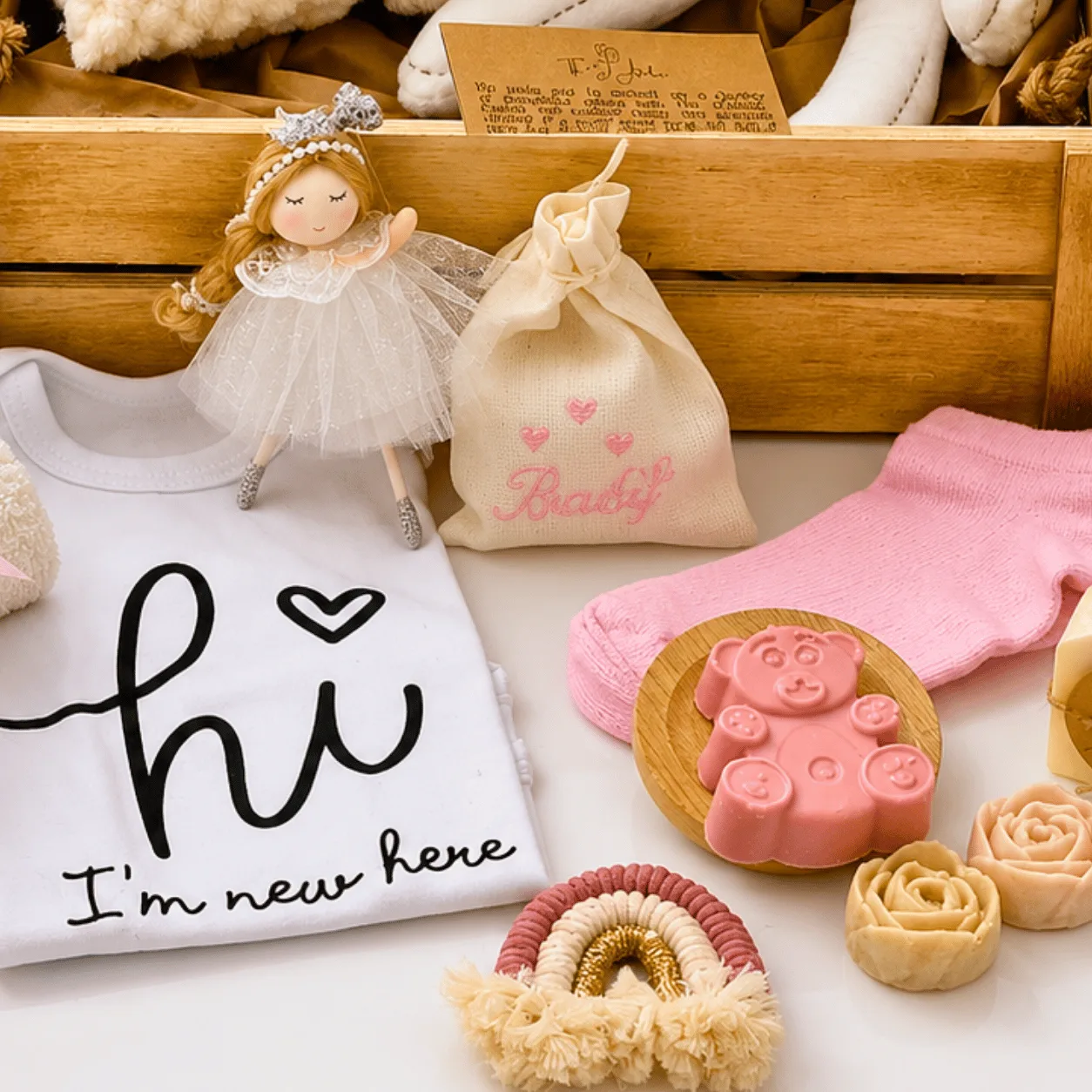 Close-up of baby girl gift items: "Hi I'm new here" onesie, fairy doll, pink socks, bear soap