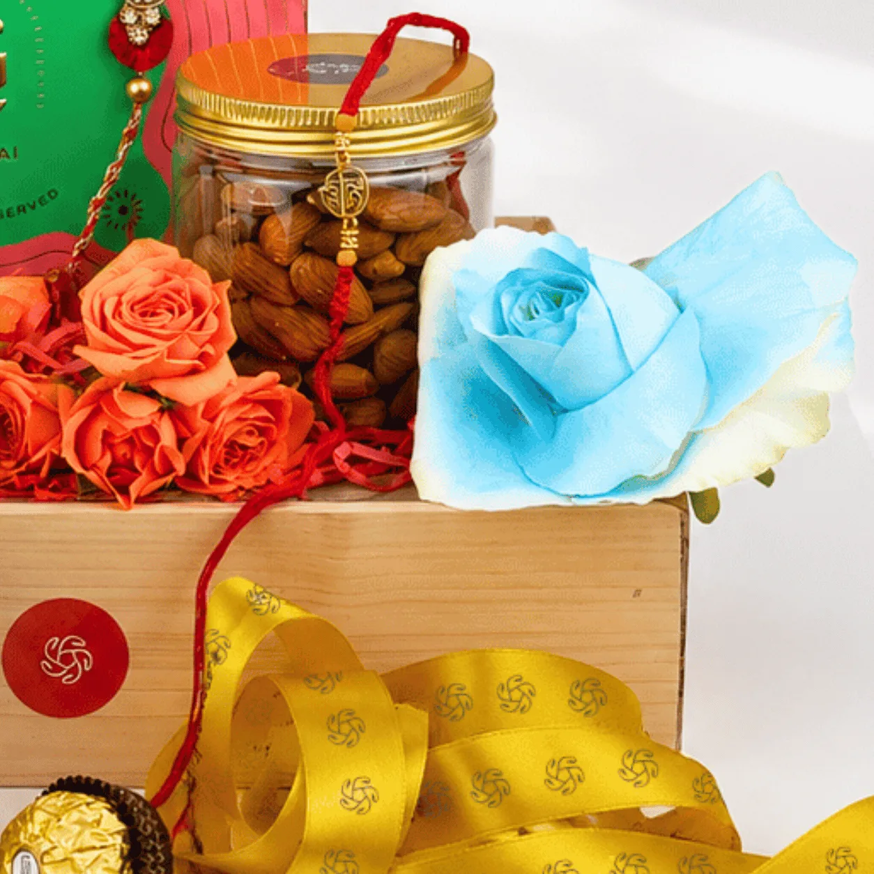Luxury Rakhi Sweets & Dry Fruits Hamper for brother with traditional sweets, almonds, cashews, and rakhi