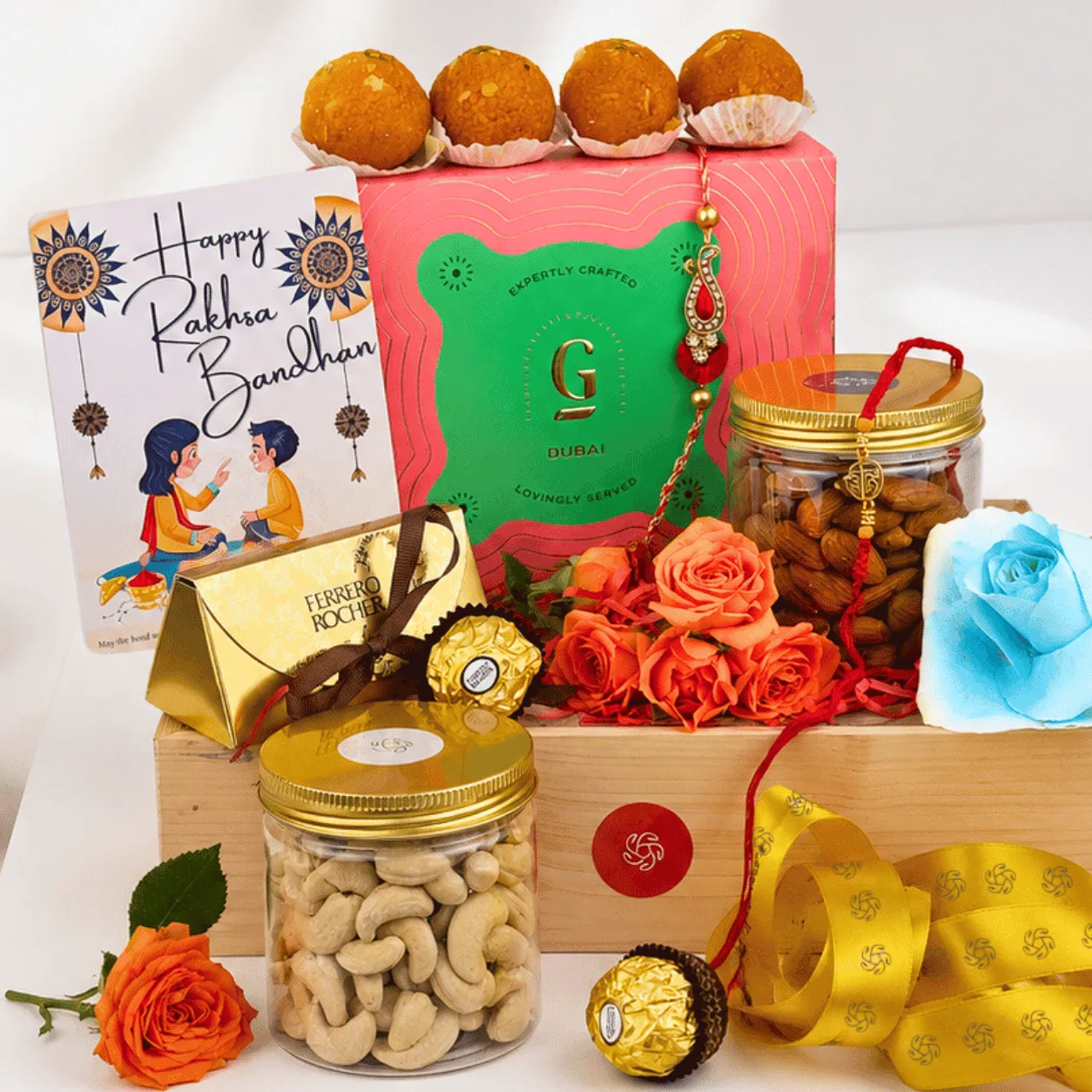 Premium Rakhi Sweets & Dry Fruits Hamper with Indian sweets, mixed dry fruits, and decorative rakhi presentation