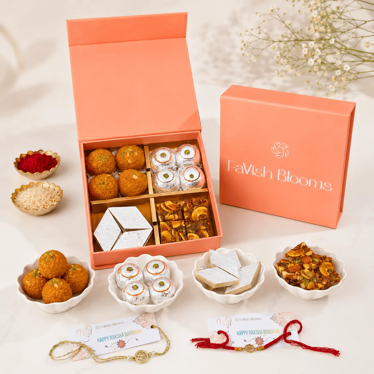 Premium Rakhi sweets gift box with assorted mithai and festive presentation