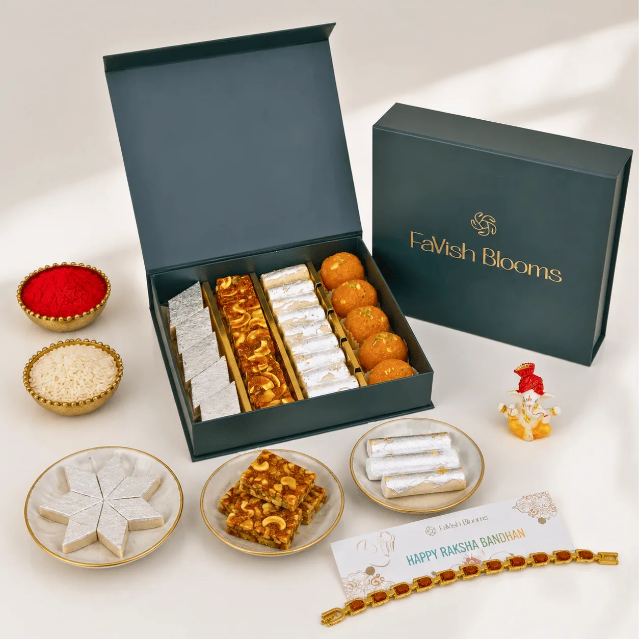 Festive Rakhi Sweets Gift Box with assorted Indian mithai and traditional Rakhi