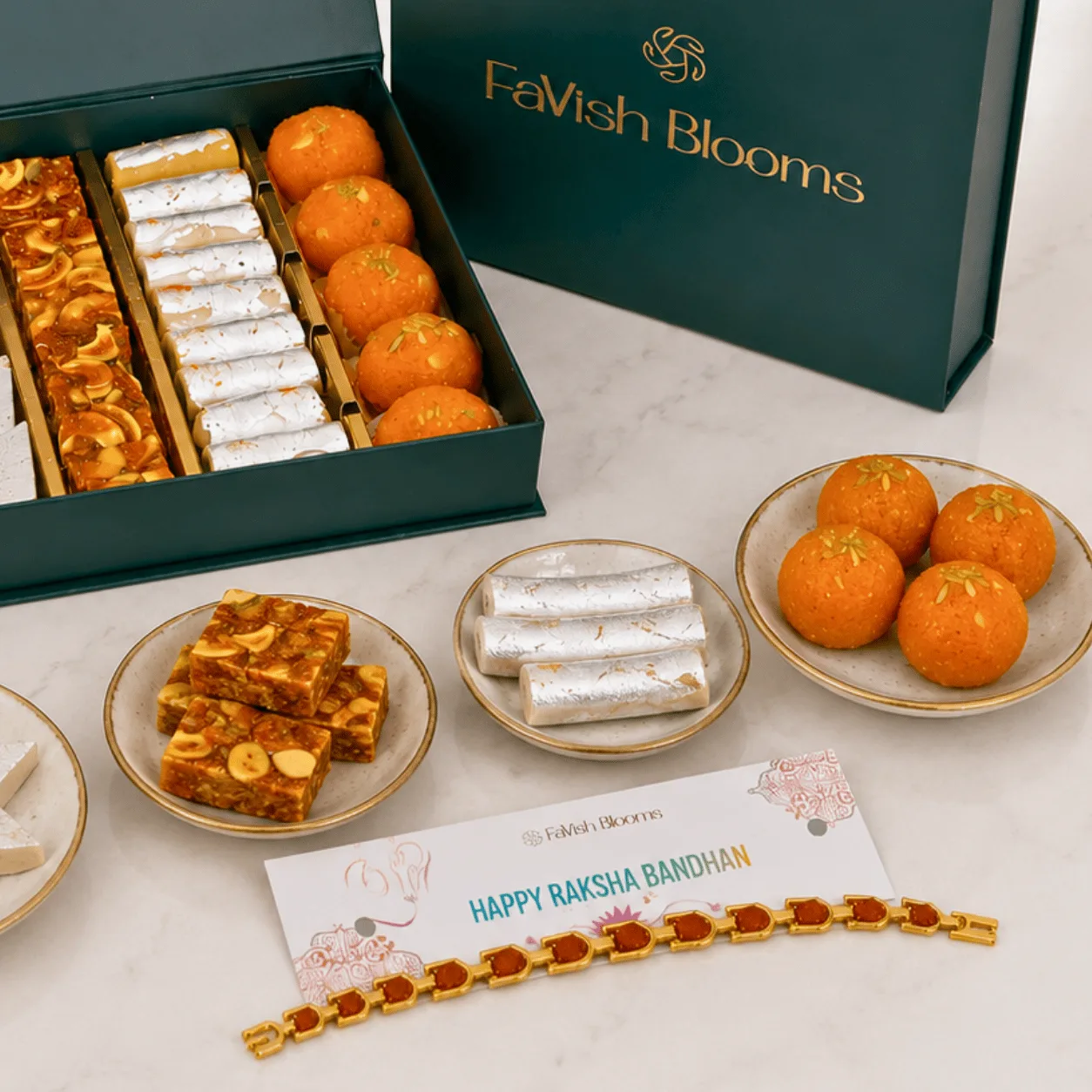 Festive Rakhi Sweets Gift Box featuring Rakhi, roli, chawal, and sweets