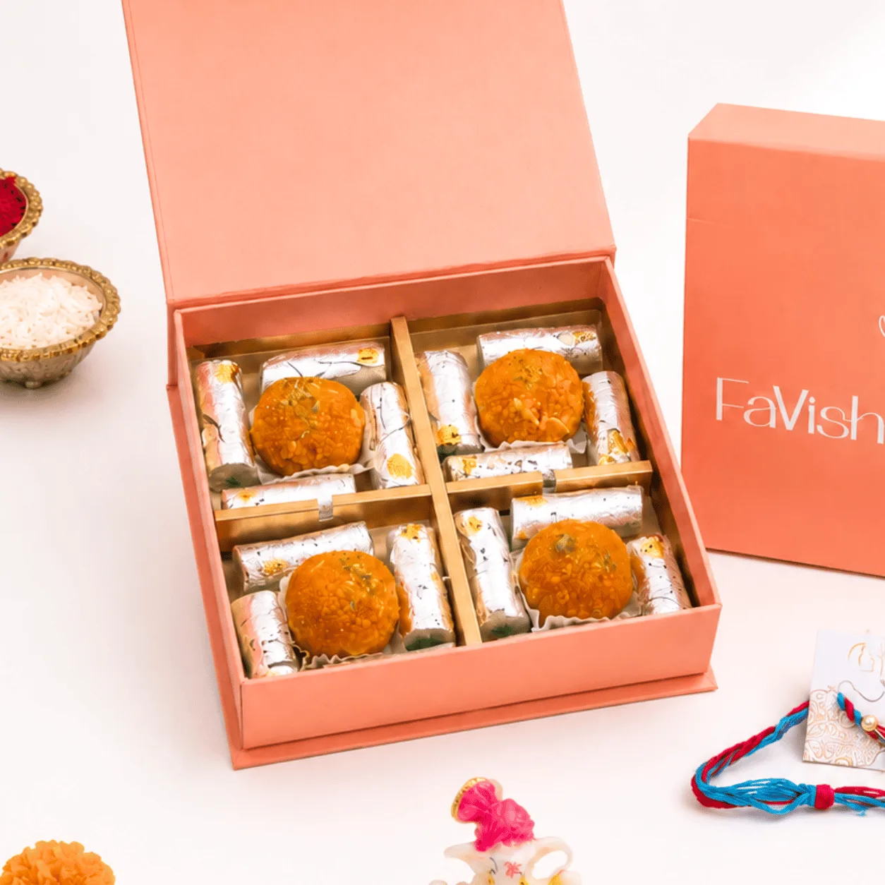 Kids Rakhi Sweets Gift Box with festive rakhi and assorted Indian sweets