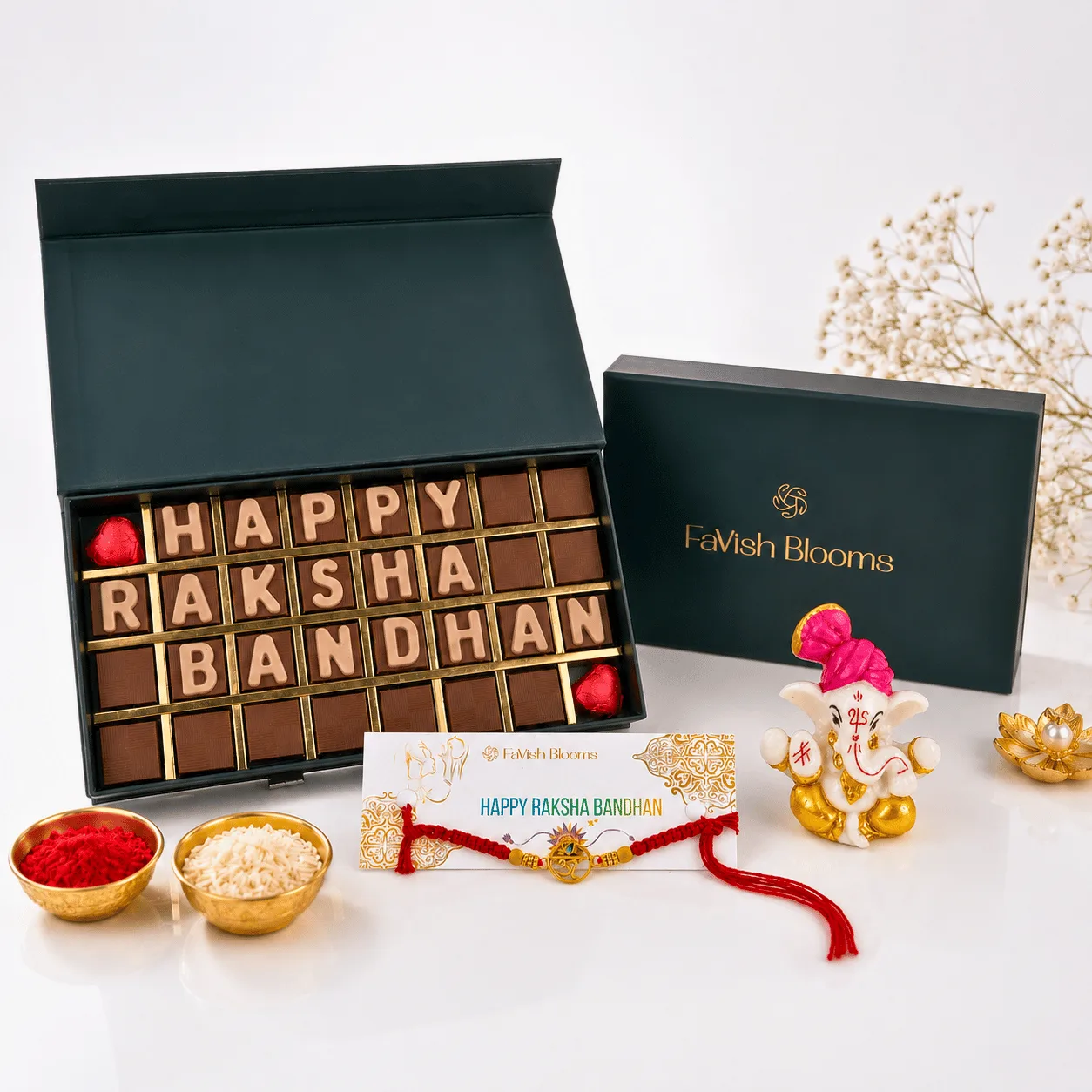 Happy Raksha Bandhan Chocolate Gift Combo with premium chocolates and festive Rakhi presentation