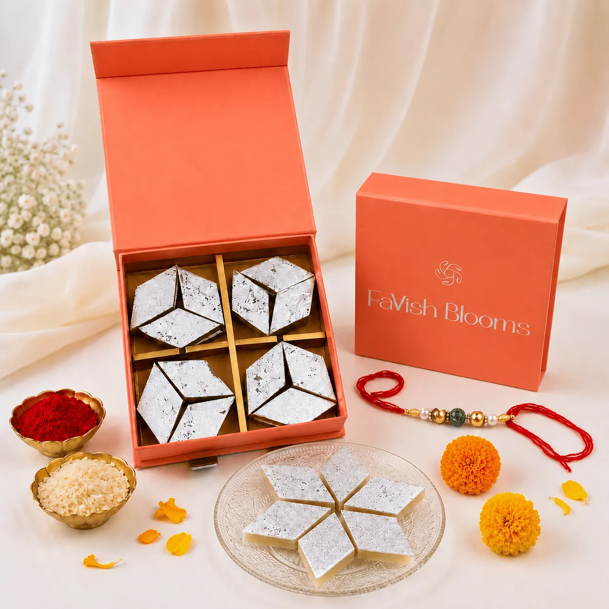 Kaju Katli Raksha Bandhan Gift Box with Rakhi, Roli and Chawal