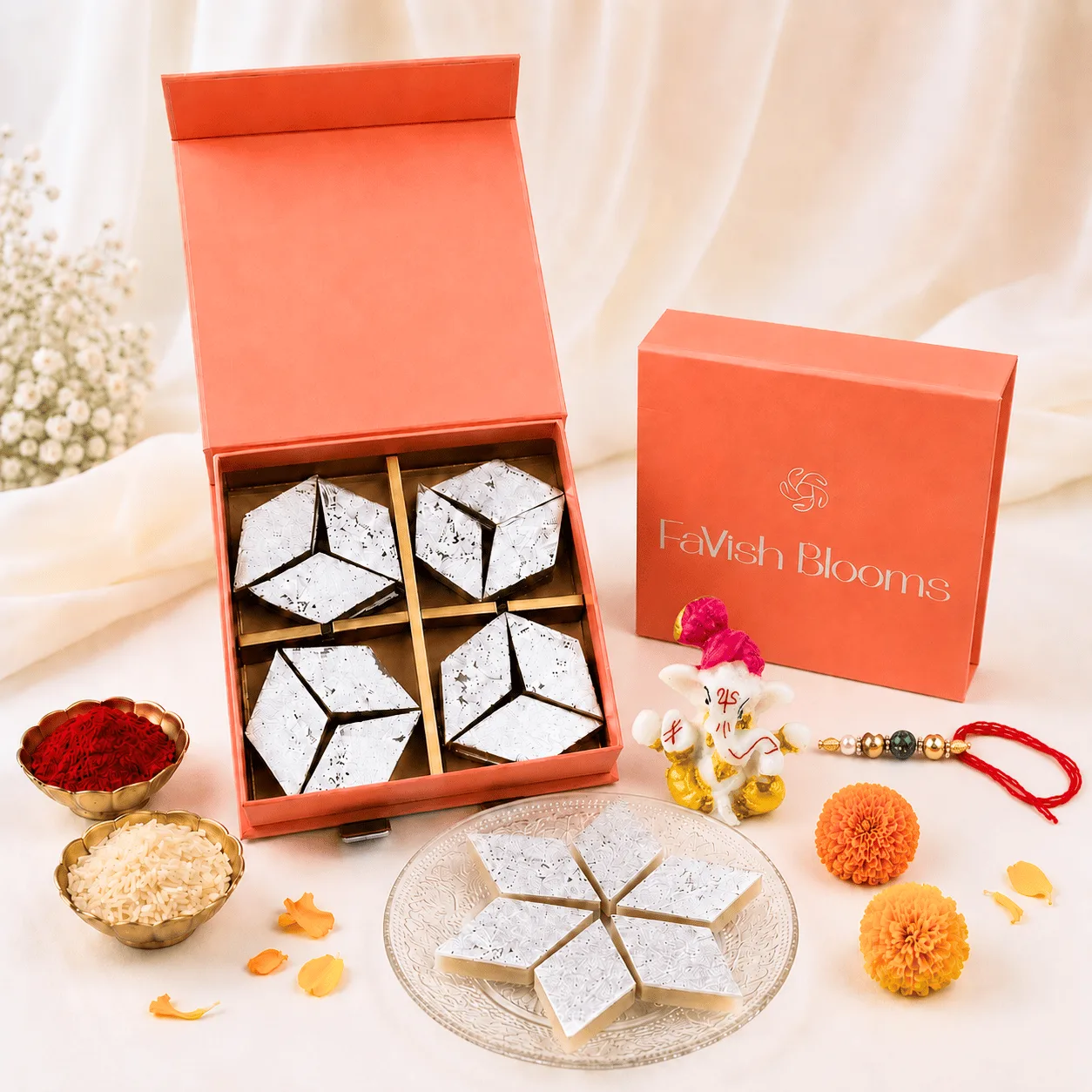 Kaju Katli & Ganesha Rakhi Gift with sweets, rakhi, roli and chawal