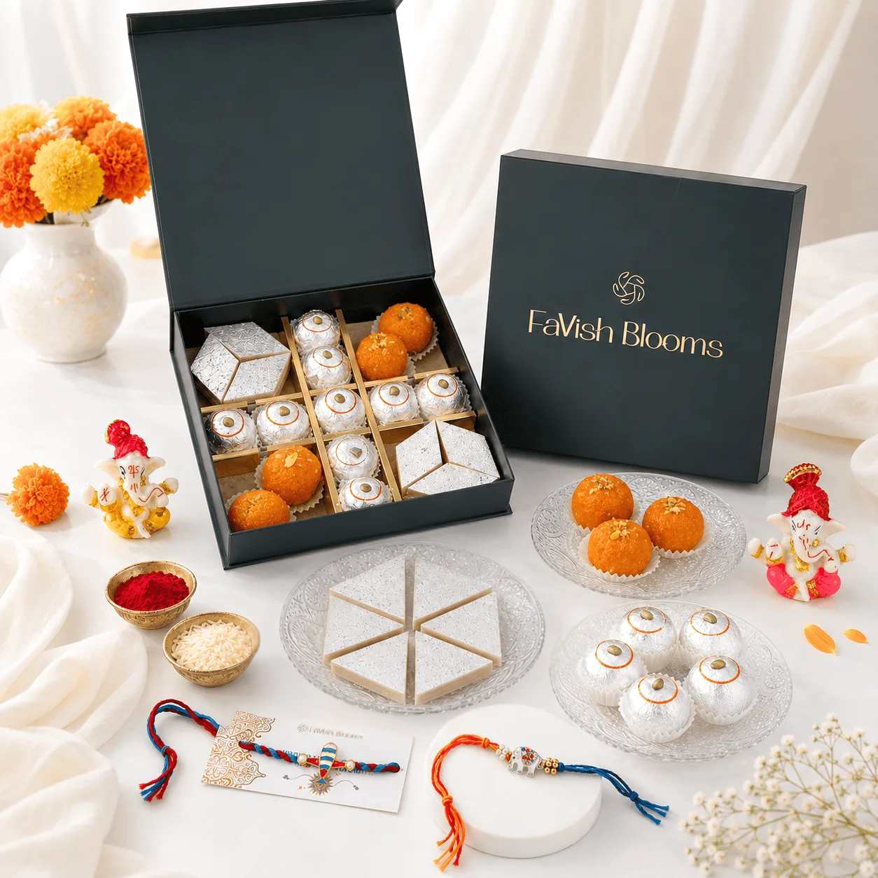 Rakhi Sweets Gift Box with Ganesha idol, kids rakhis, roli chawal, and festive sweets