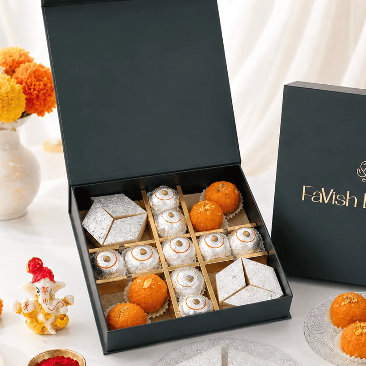 Premium Rakhi Sweets Gift Box with Ganesha and colorful kids rakhis for Raksha Bandhan