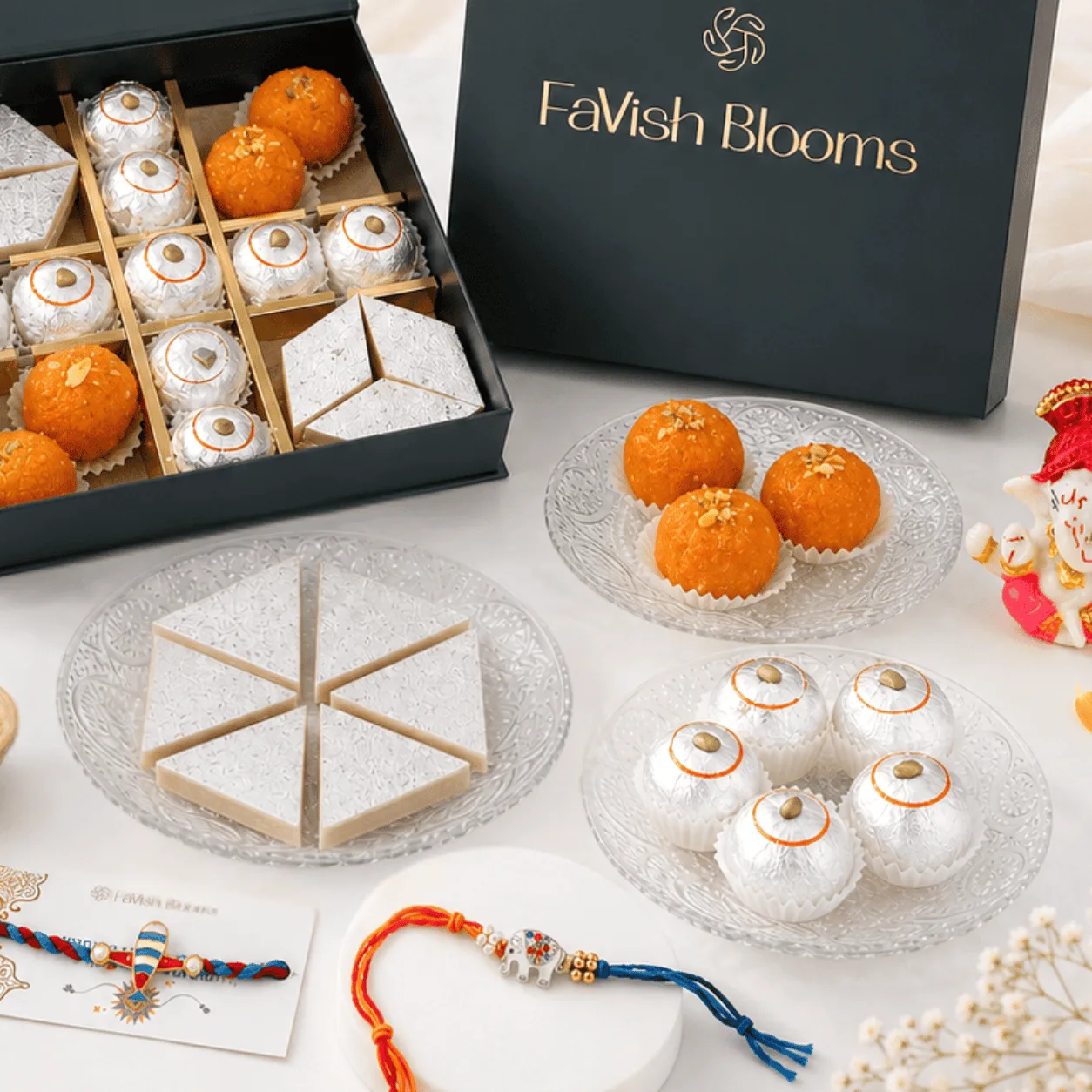 Luxury Rakhi Sweets Gift Box with Ganesha, playful kids rakhis, and traditional essentials