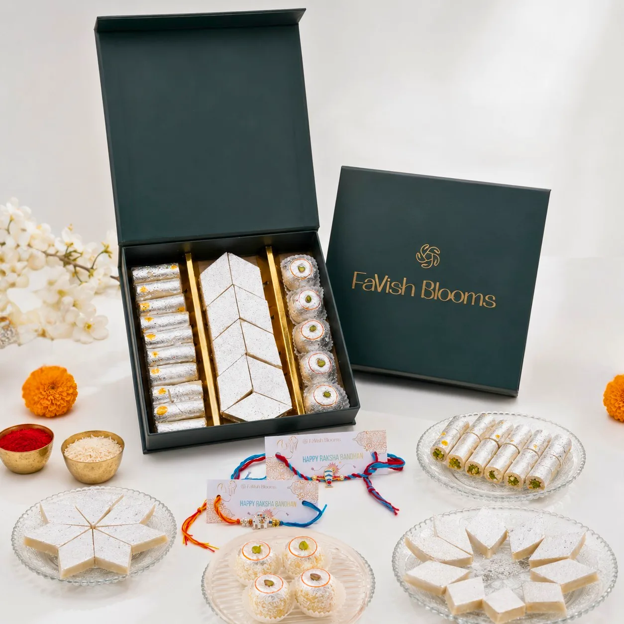 Rakhi Sweets Box with Kids Rakhis and festive gift packaging