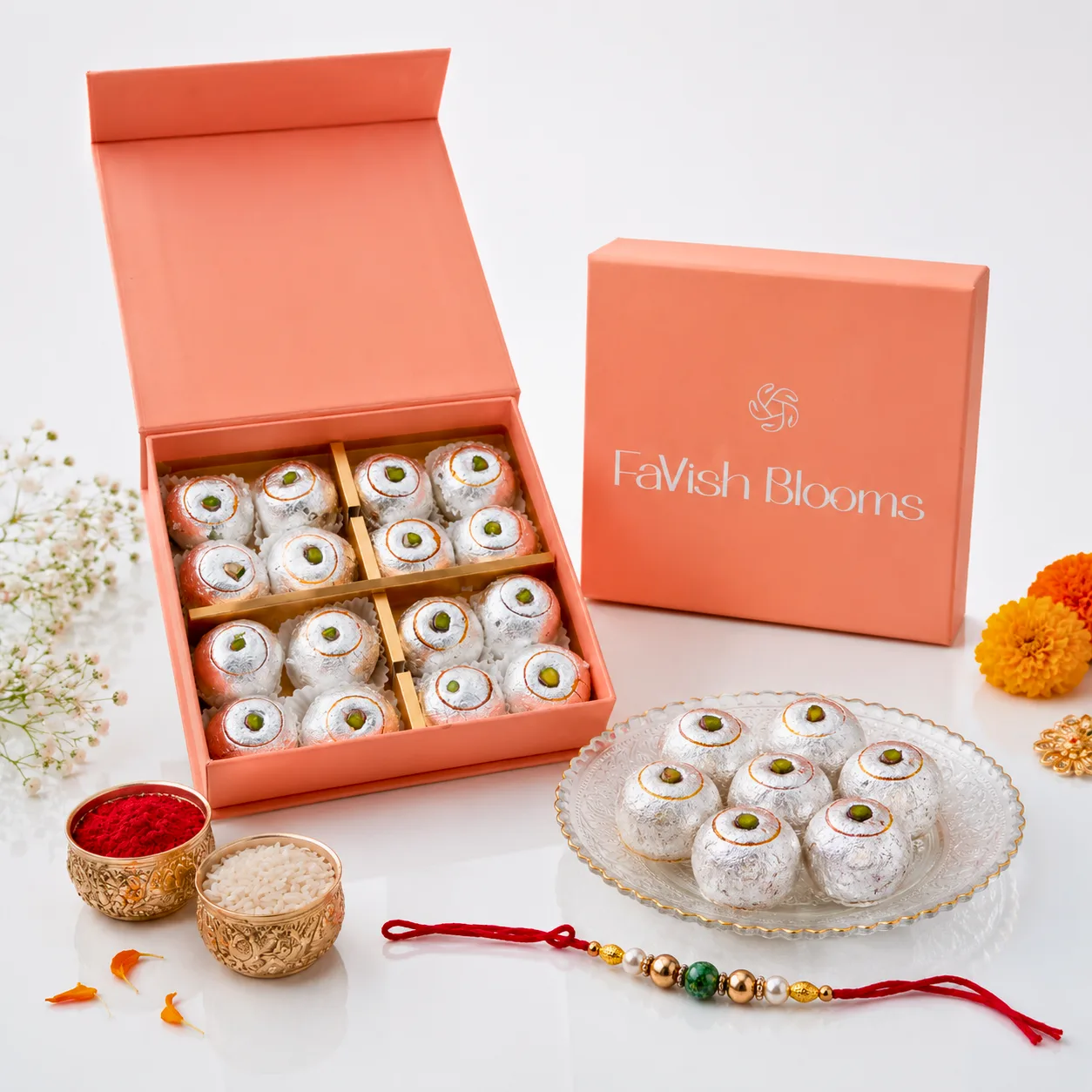 Rakhi gift box with Kaju Lemon Laddu and festive Raksha Bandhan decorations