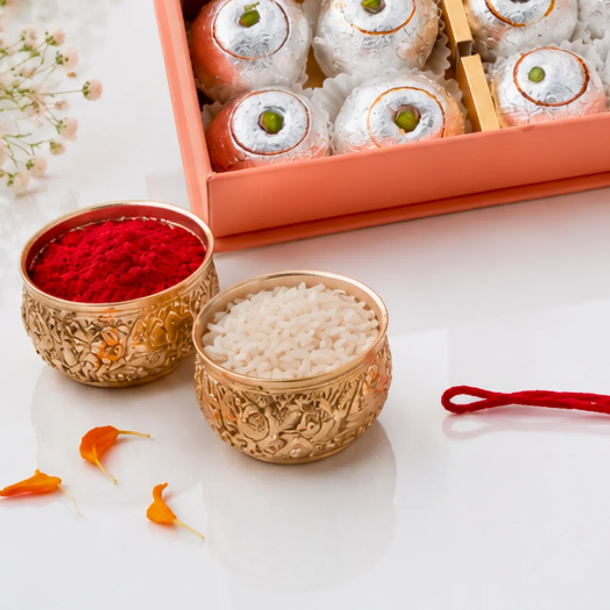 Raksha Bandhan gift hamper with Kaju Lemon Laddu and traditional rakhi set