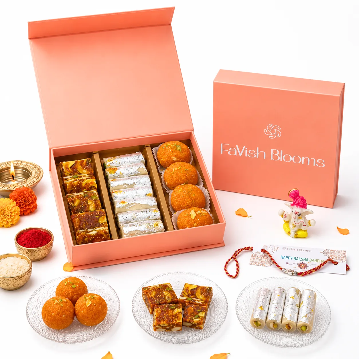 Raksha Bandhan Kaju Katli Set with Rakhi, sweets, roli and chawal
