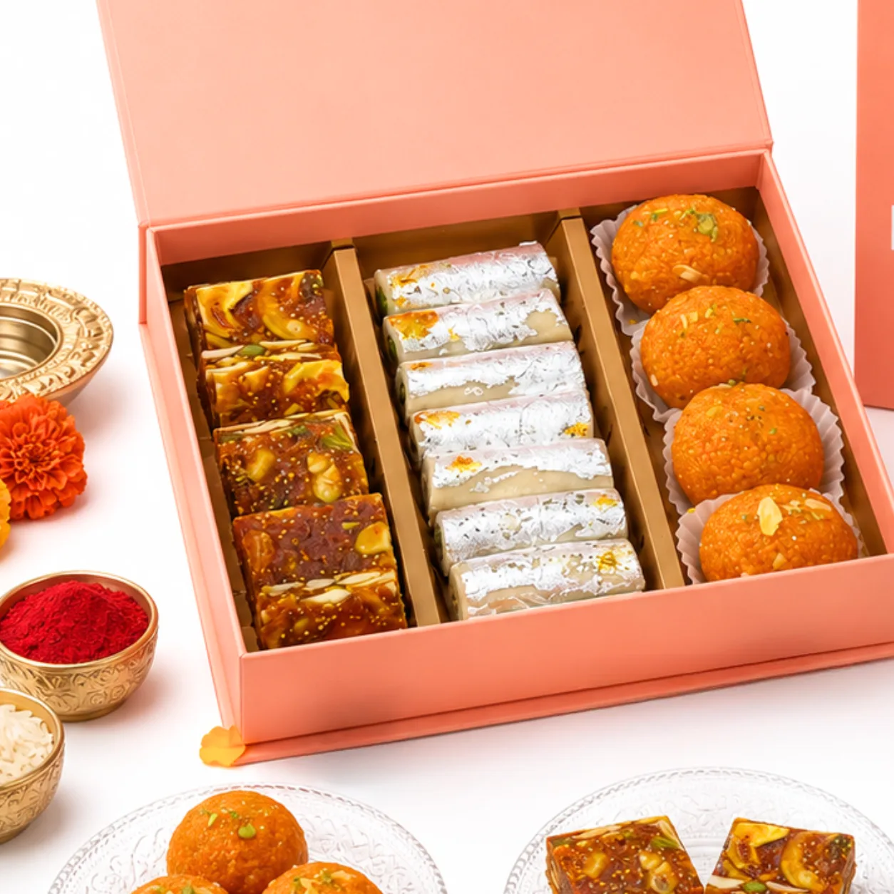 Raksha Bandhan Kaju Katli Set with traditional Rakhi and Ganesha idol