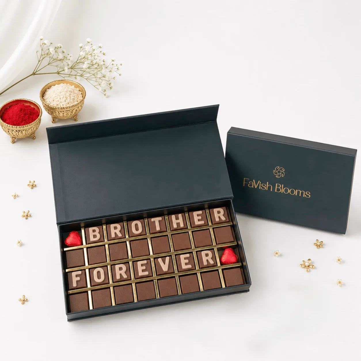 Forever Brother Chocolate Gift Box 32 Pcs by FaVish Blooms with assorted premium chocolates and Raksha Bandhan lettering