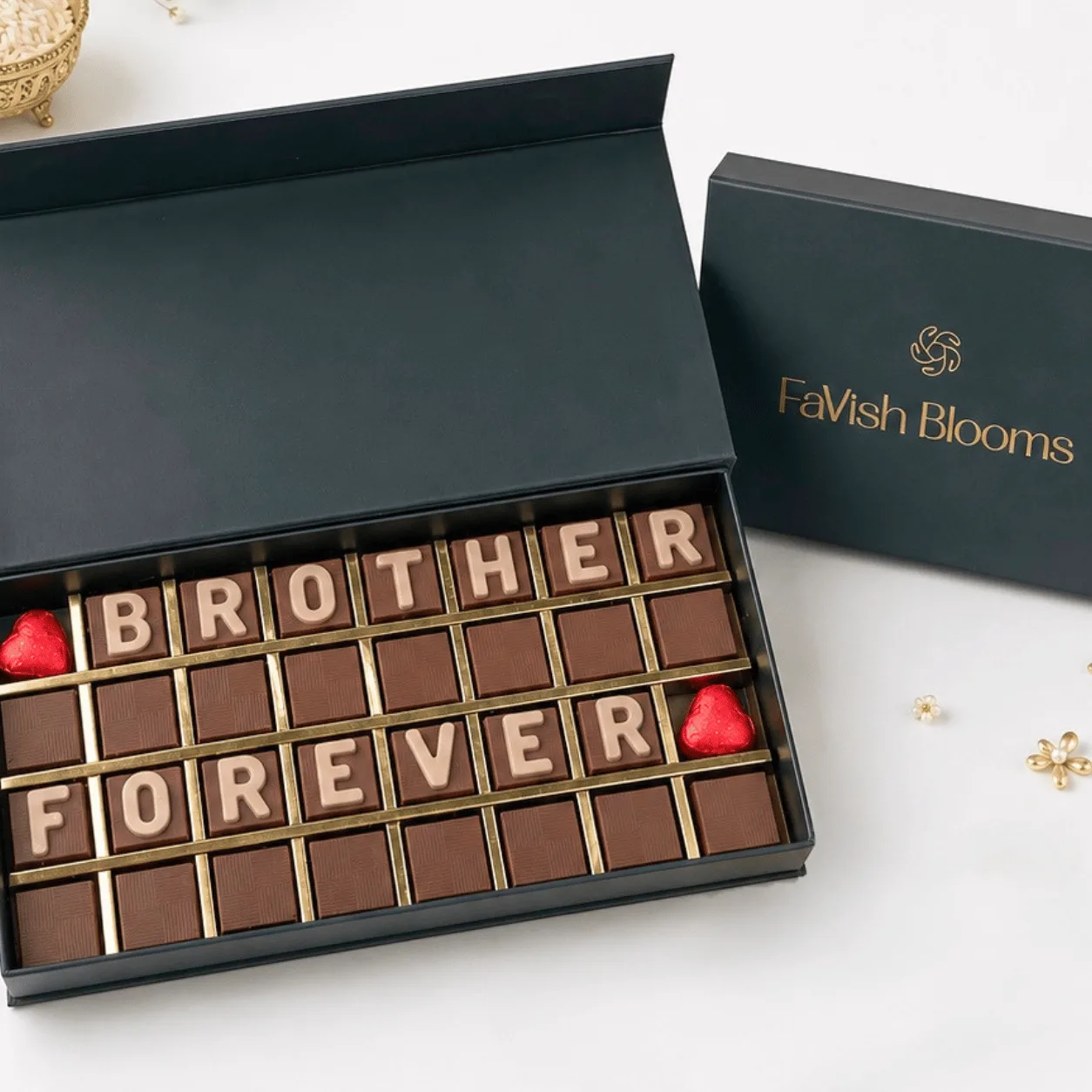 Open Forever Brother Chocolate Gift Box 32 Pcs with assorted chocolates, decorative lettering, roli, chawal, and greeting card.