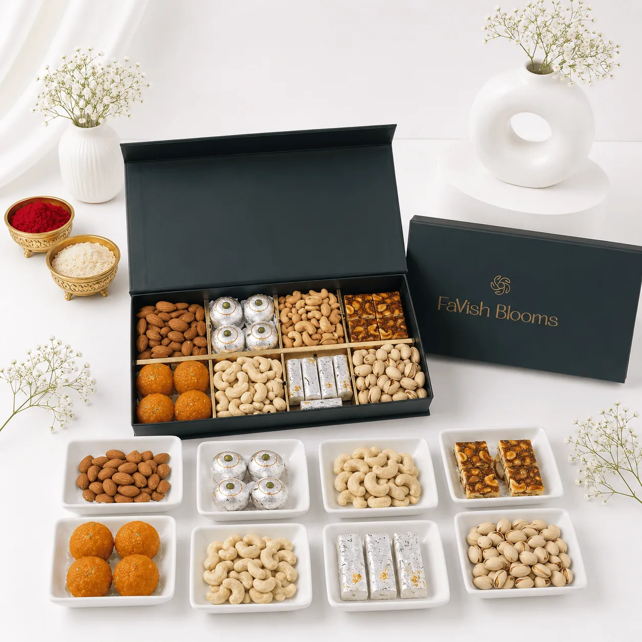Premium Sweets & Dry Fruits Gift Box with assorted Indian sweets, almonds, cashews, pistachios, and festive gift packaging by FaVish Blooms Dubai