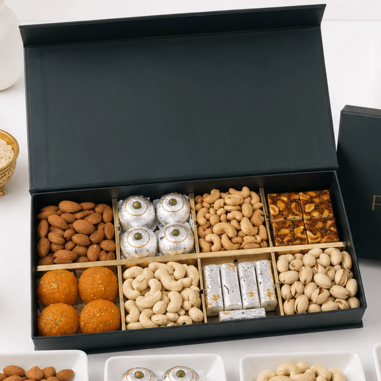 Luxury Premium Sweets & Dry Fruits Gift Box featuring traditional sweets, premium dry fruits, and elegant festive presentation