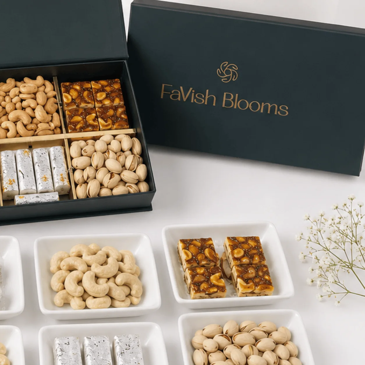 Premium Sweets & Dry Fruits Gift Box for Raksha Bandhan with assorted mithai, mixed dry fruits, and luxury gift box in Dubai