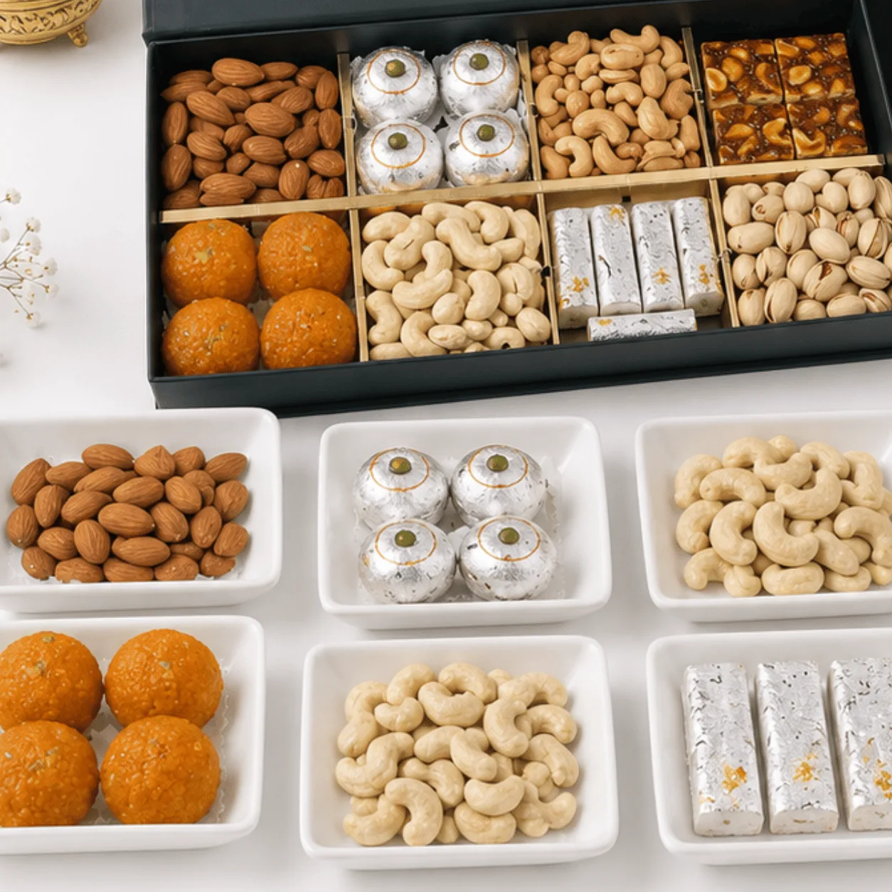 FaVish Blooms Premium Sweets & Dry Fruits Gift Box with gourmet sweets, roasted nuts, and premium festive gift packaging for gifting in Dubai