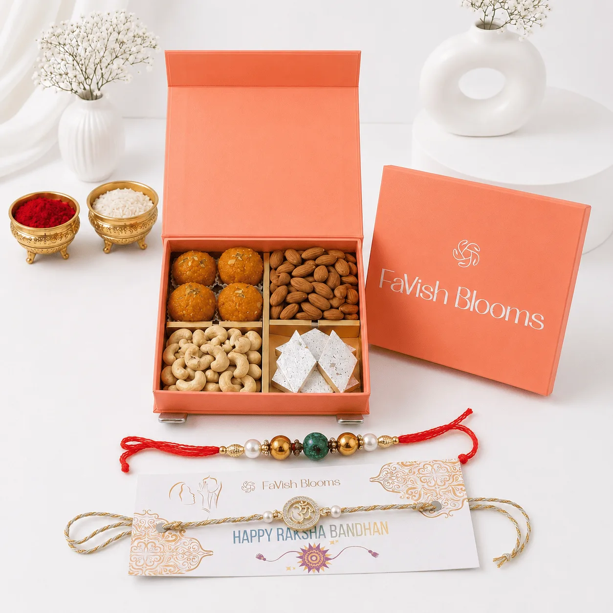 Festive Dry Fruits Hamper with 2 Rakhis featuring premium almonds, cashews, pistachios, roasted cashews, roli, chawal, and a luxury gift box.