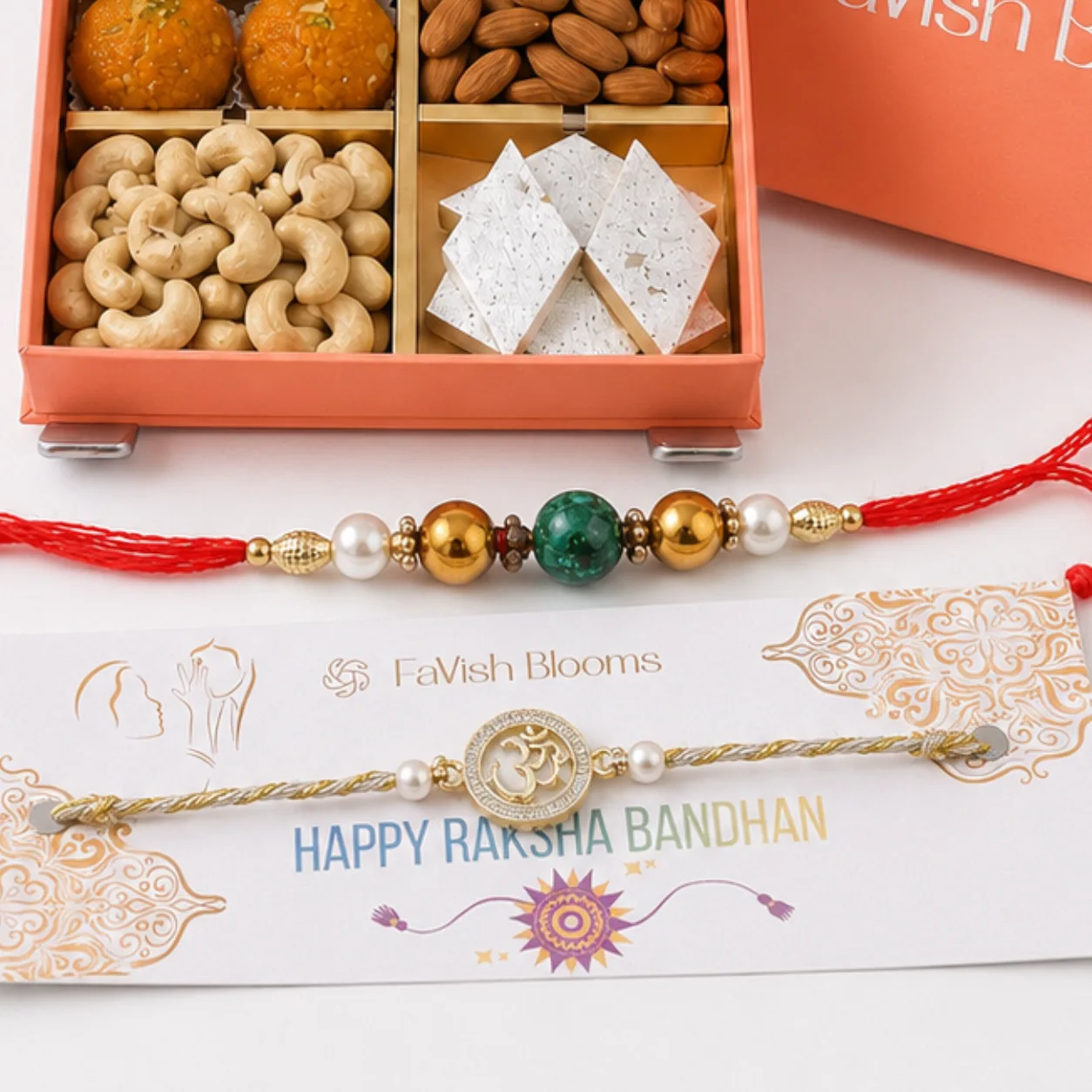Premium Festive Dry Fruits Hamper with 2 Rakhis arranged in an elegant gift box with assorted dry fruits for Raksha Bandhan celebrations.