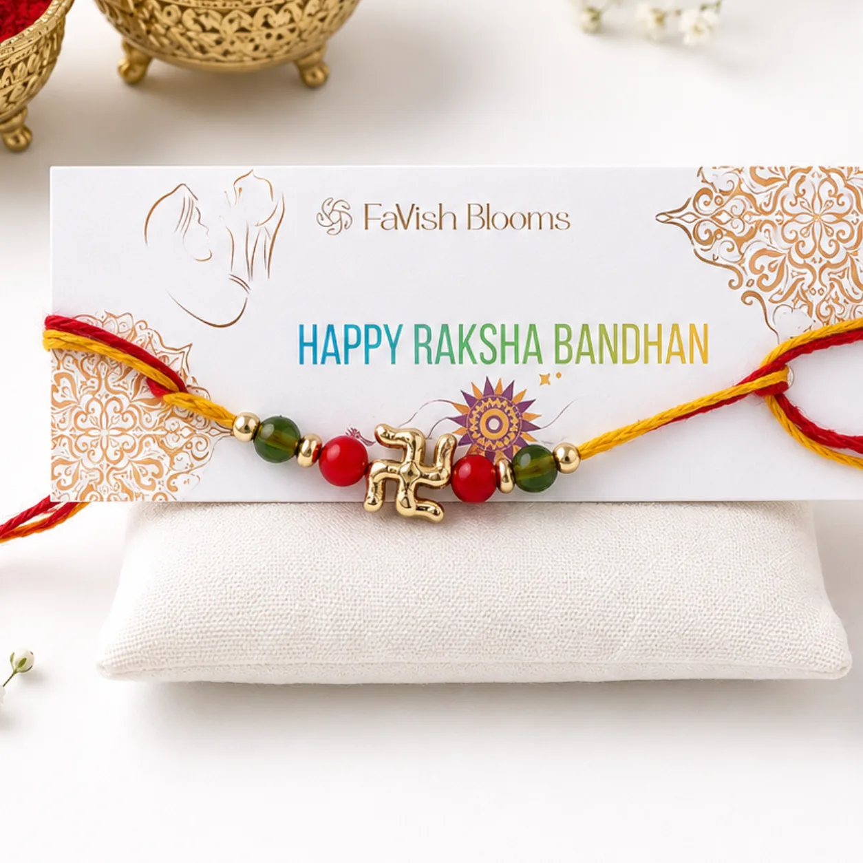 Elegant Swastik Design Rakhi presented as a festive Raksha Bandhan gift accessory