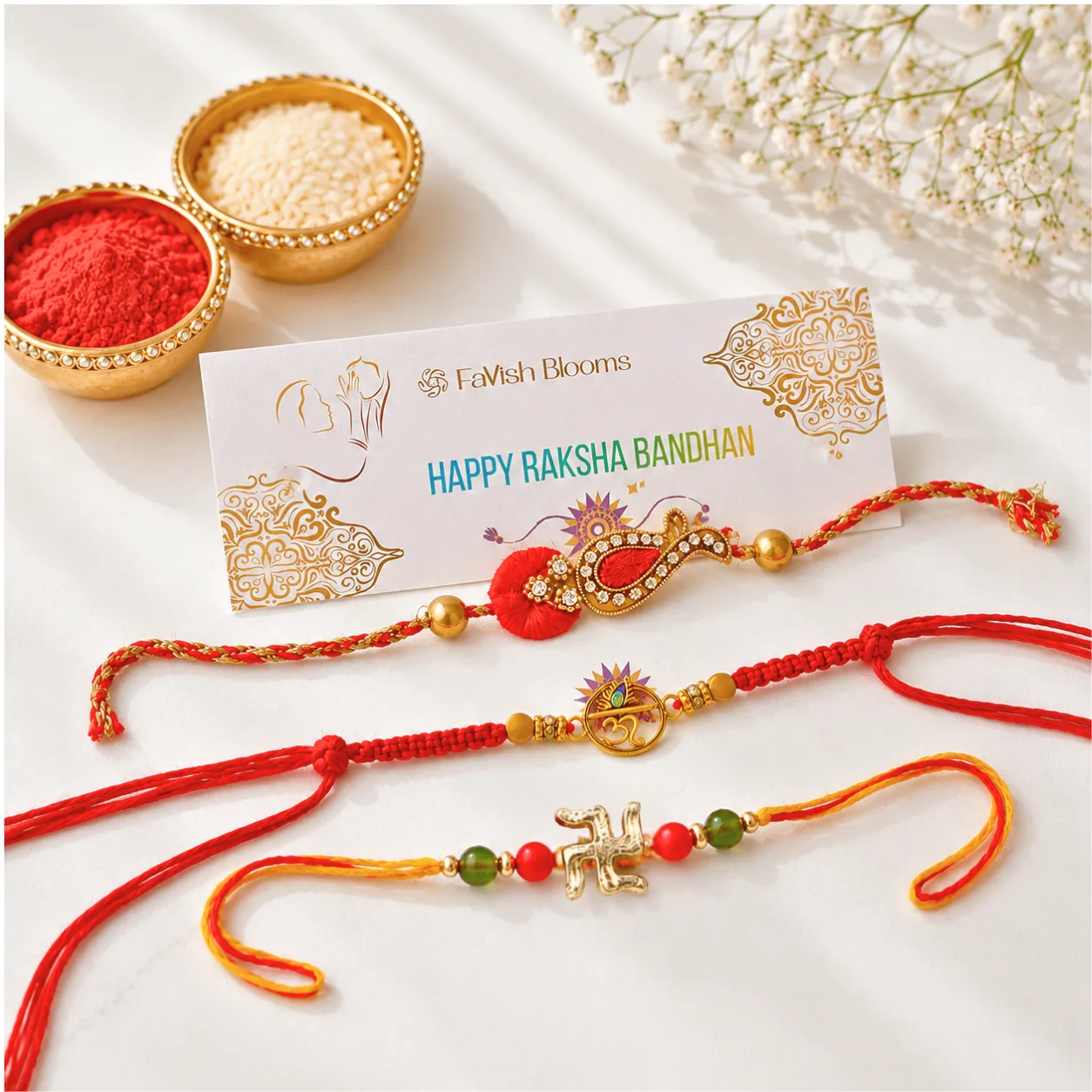 Set of 3 Traditional Rakhis with decorative beads and festive designs for Raksha Bandhan